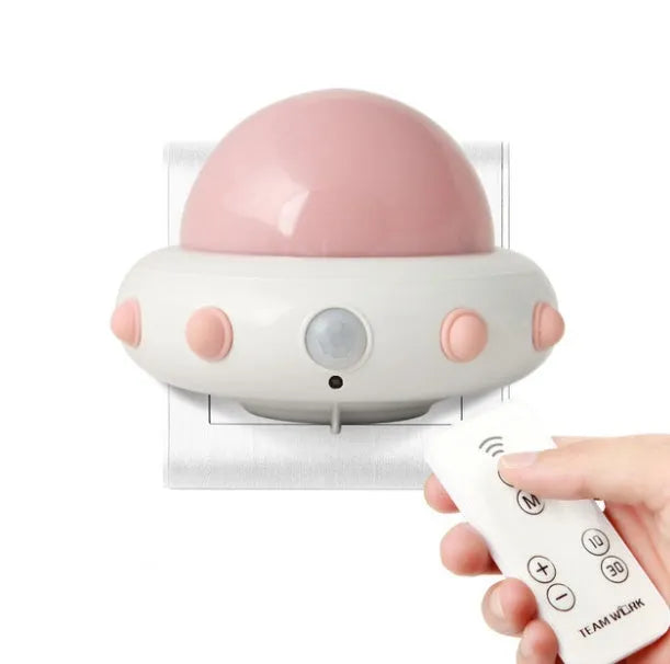 Remote control UFO cartoon bedside night light in blue, pink, or white colour options
