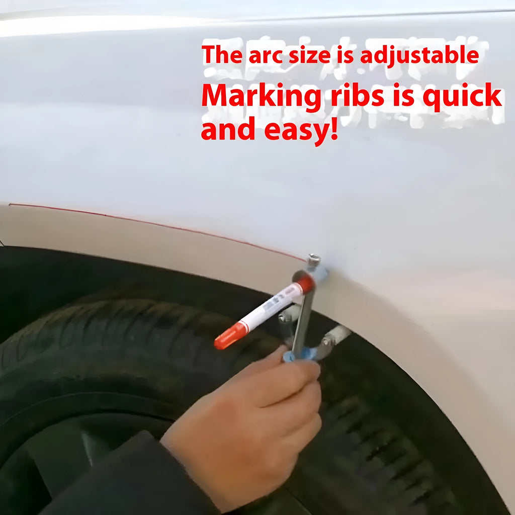 Metal wheel brow scriber depression repair tool on a workbench with a car body panel