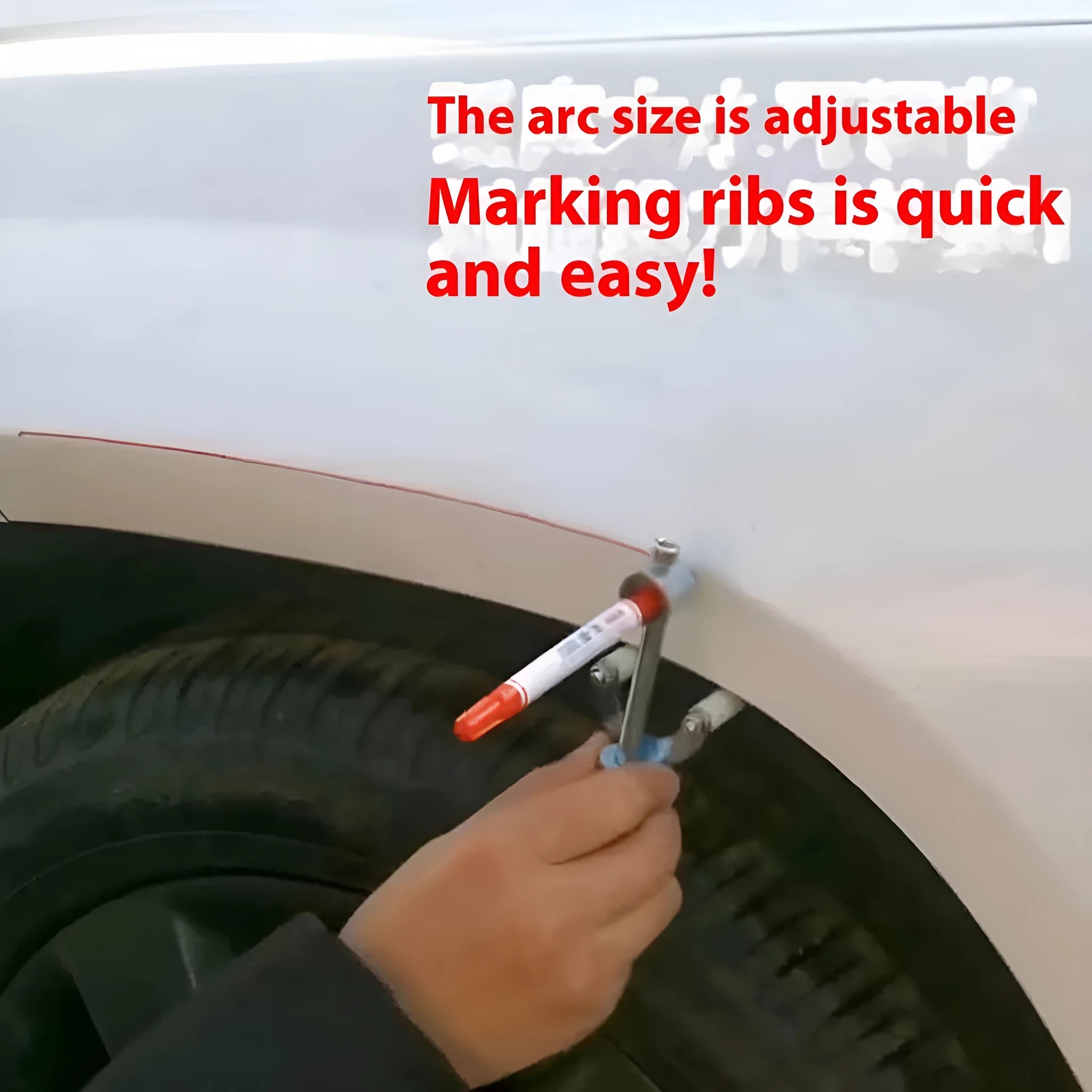 Metal wheel brow scriber depression repair tool on a workbench with a car body panel