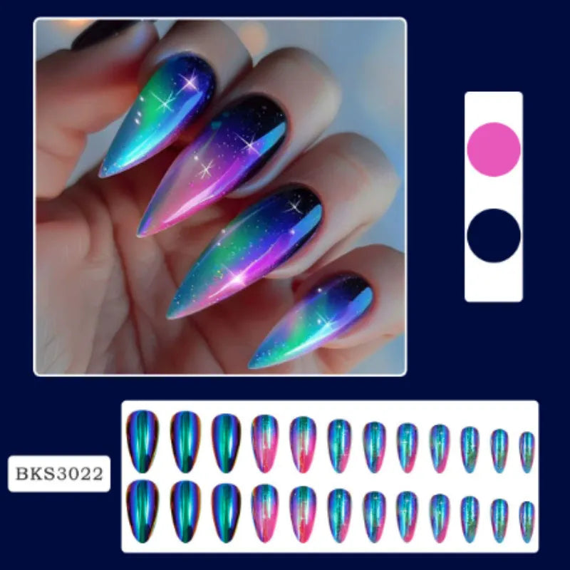 Wear Armour frosted finish nail stickers in medium almond shape showing four designs: French leaves, colourful plating, macarons, and leopard print.
