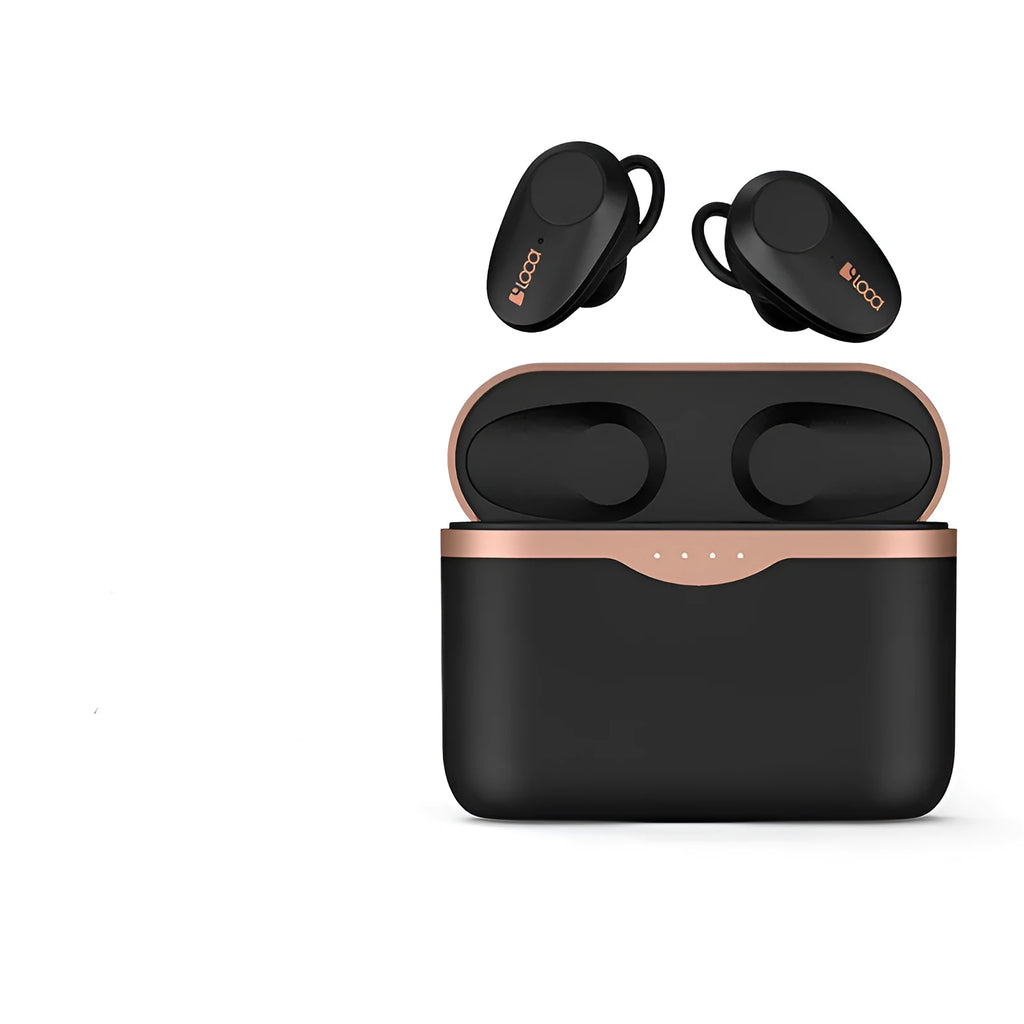 Black wireless Bluetooth headset with charging stand on a table