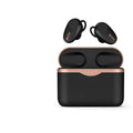 Black wireless Bluetooth headset with charging stand on a table