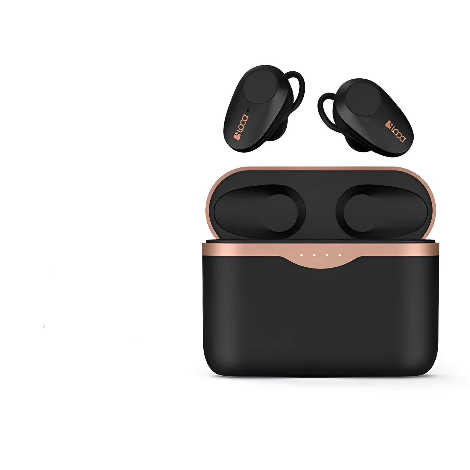 Black wireless Bluetooth headset with charging stand on a table