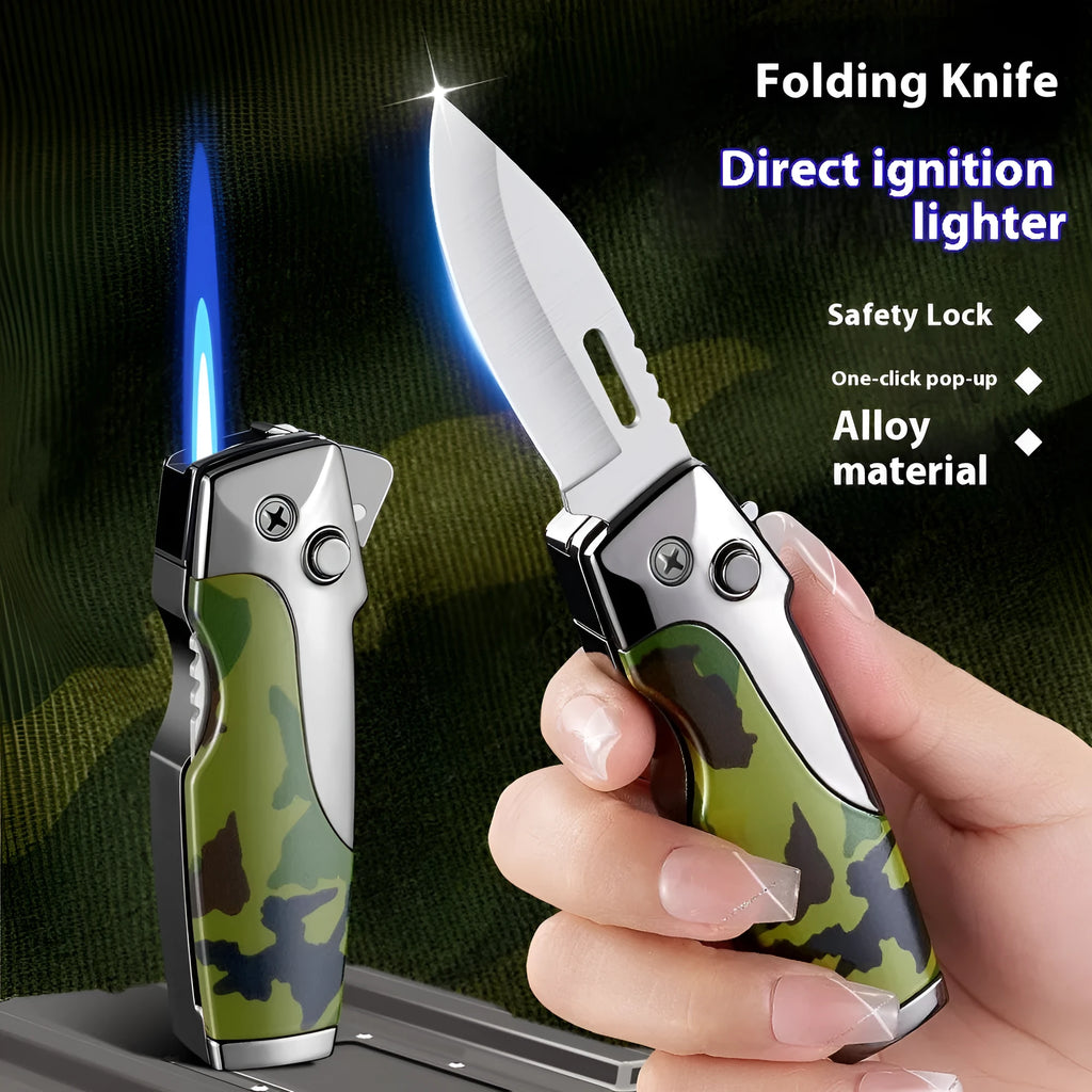 Metal folding lighter with an extended knife blade, shown in a black finish with wood grain texture.