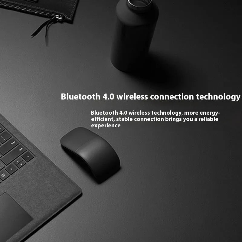 Black Bluetooth 4.0 folding touch wireless mouse shown in compact and folded position.