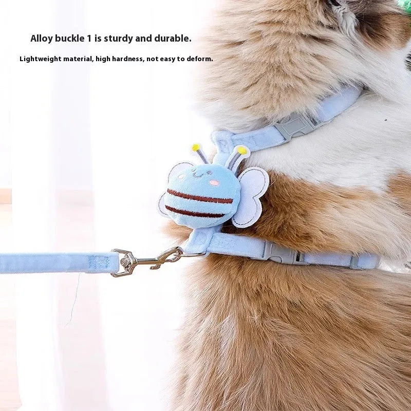 Bee-shaped adjustable cat lead in blue colour with strap and hand-holding rope