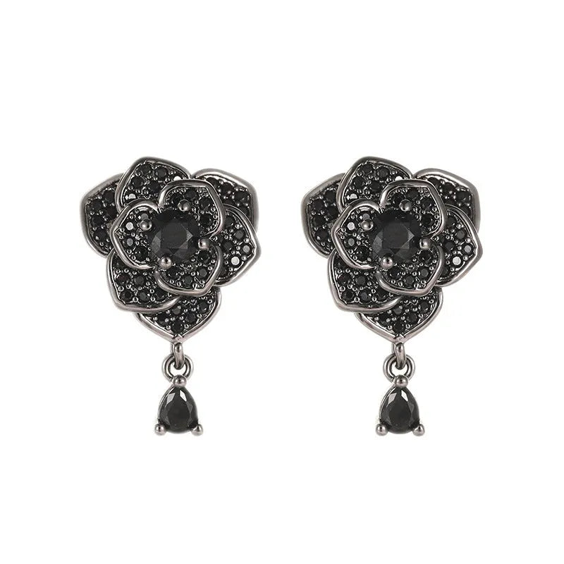 Women's rose gold plated flower ear studs with black zircon stones