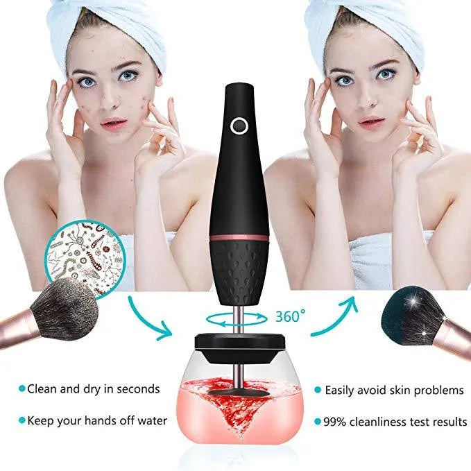 Electric makeup brush cleaner black with charging power source and ABS body on table