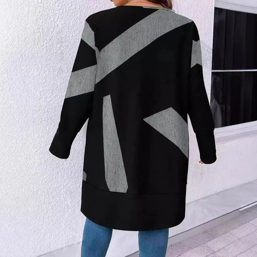 Black plus size casual cardigan with button detailing and stitching print in loose Japanese Korean style