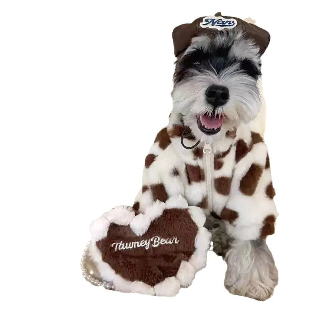 British style plush warm coat for small dog breeds in pink or brown colours