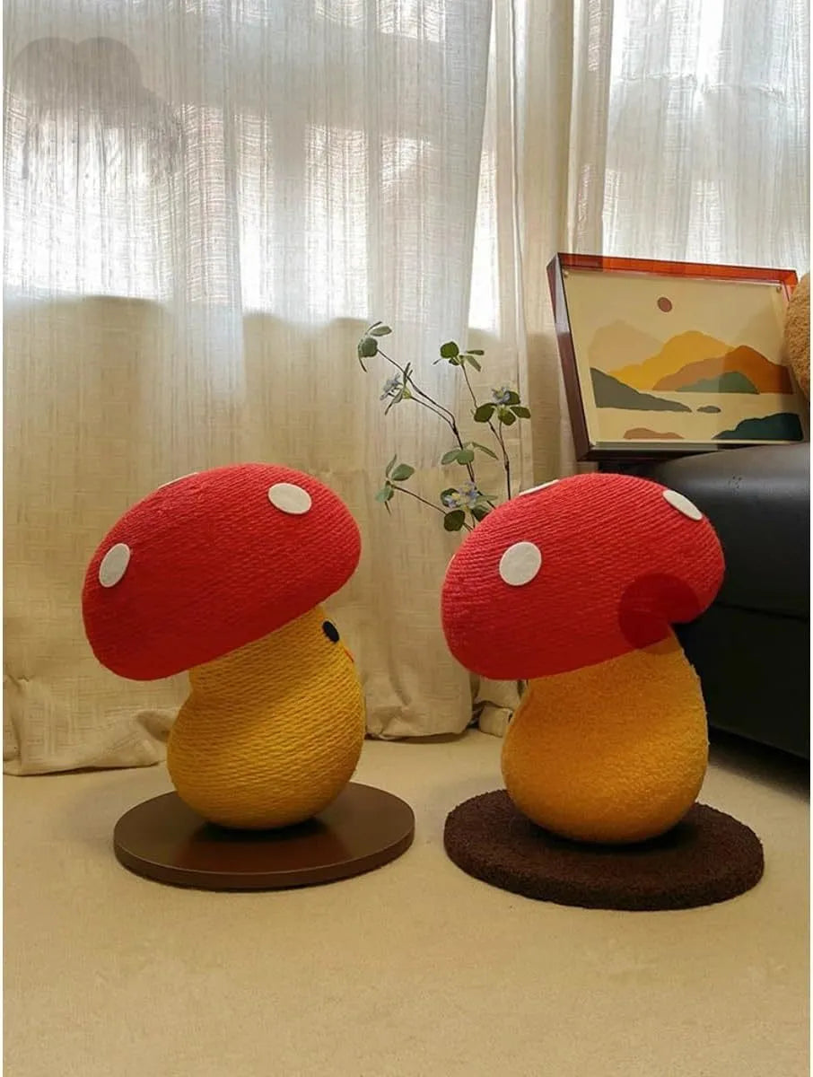 Foldable mushroom-shaped cat scratcher with accordion design, showing corrugated cardboard round board and central nest area.