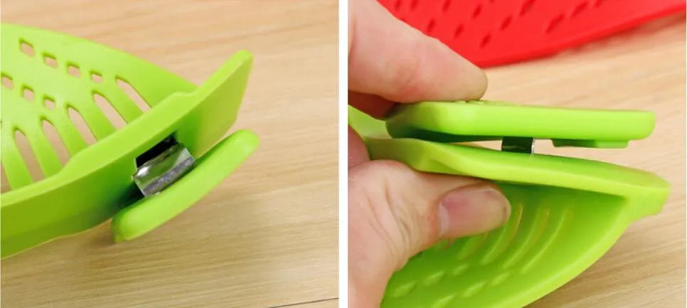 Silicone clip-on kitchen funnel strainer for draining liquids from pots with buckle attachment