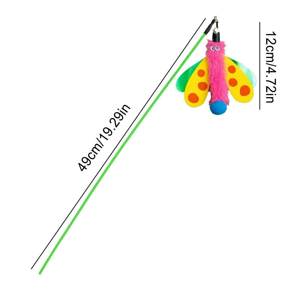 Blue cat wand toy with dragonfly attachment and bell for interactive indoor play