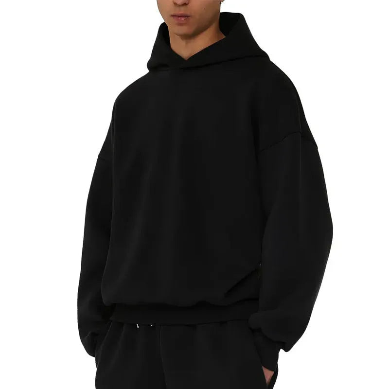 Men's solid colour fleece-lined cotton pullover hoodie with wool lining