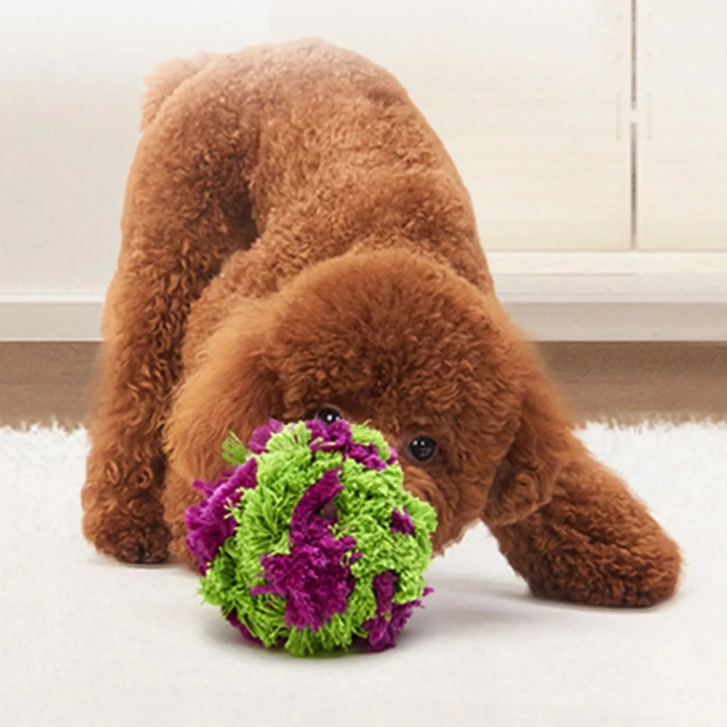 Purple plush dog teething ball measuring 15cm diameter for interactive play