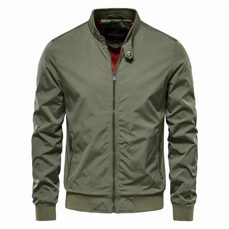 Men's casual lightweight polyester jacket in solid colour options including dark blue, black and army green