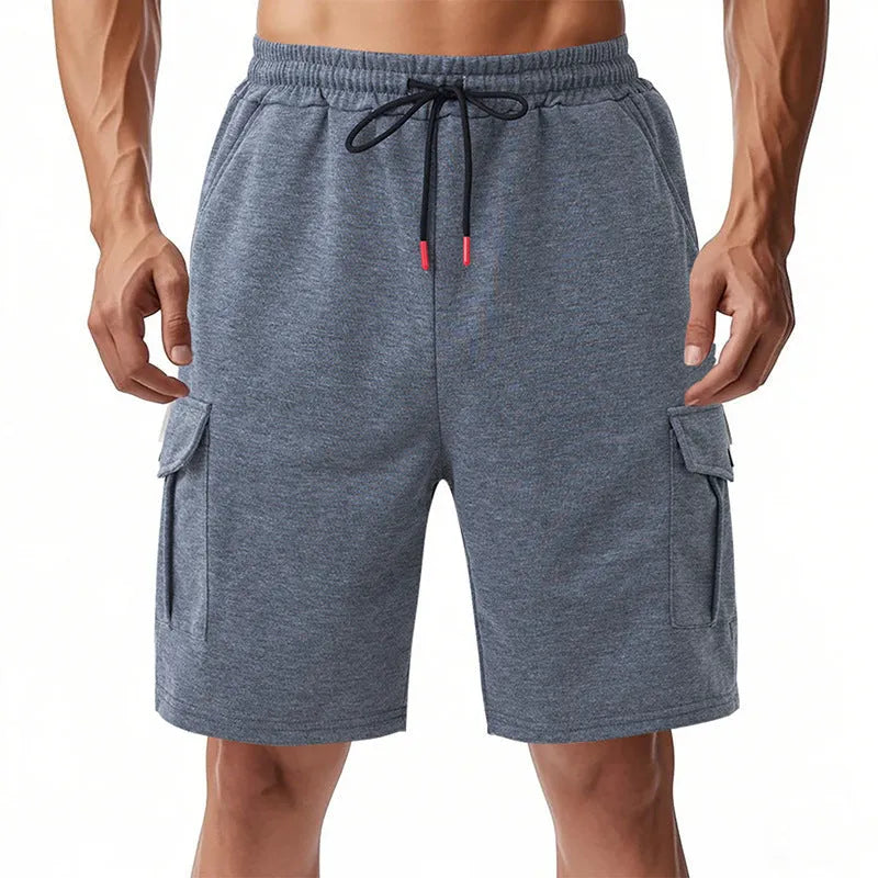 Sports cargo shorts in light grey with multiple pockets and loose fit design