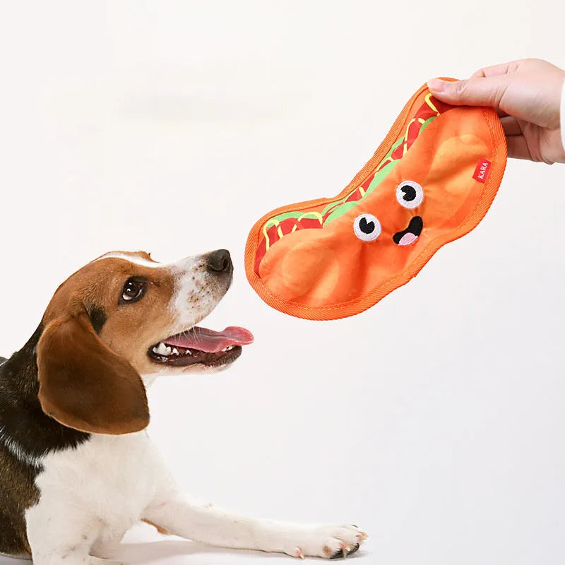 Crinkle and squeaky dog toys in hamburger, fries, hot dog and pizza designs without stuffing