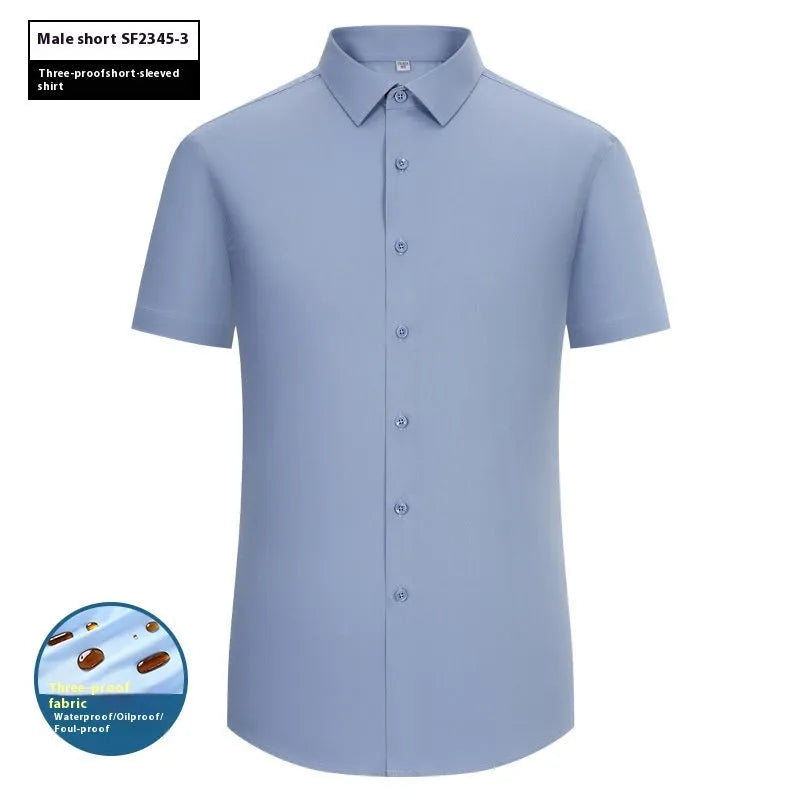 Men's slim fit waterproof bamboo fibre dress shirt with square collar and long sleeves.