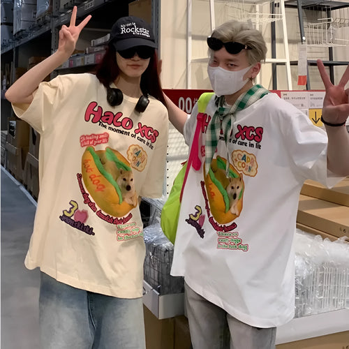 Cartoon hamburger dog printed cotton t-shirt in loose style with short sleeves