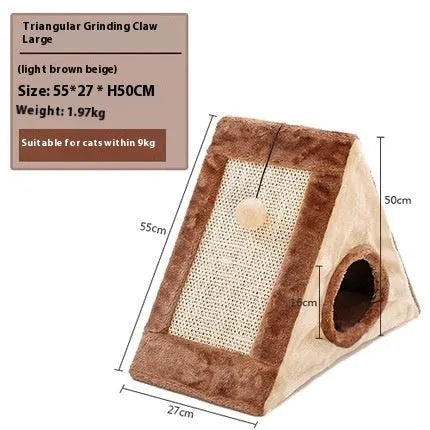 Triangle-shaped cat bed with sisal scratching corners in grey and white colour combination