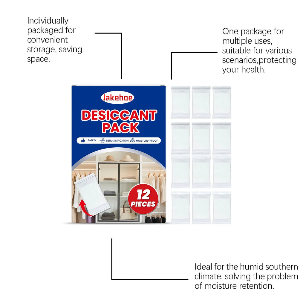 Twelve calcium chloride desiccant bags with wood pulp for household moisture control