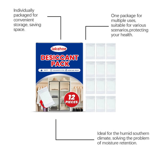 Twelve calcium chloride desiccant bags with wood pulp for household moisture control