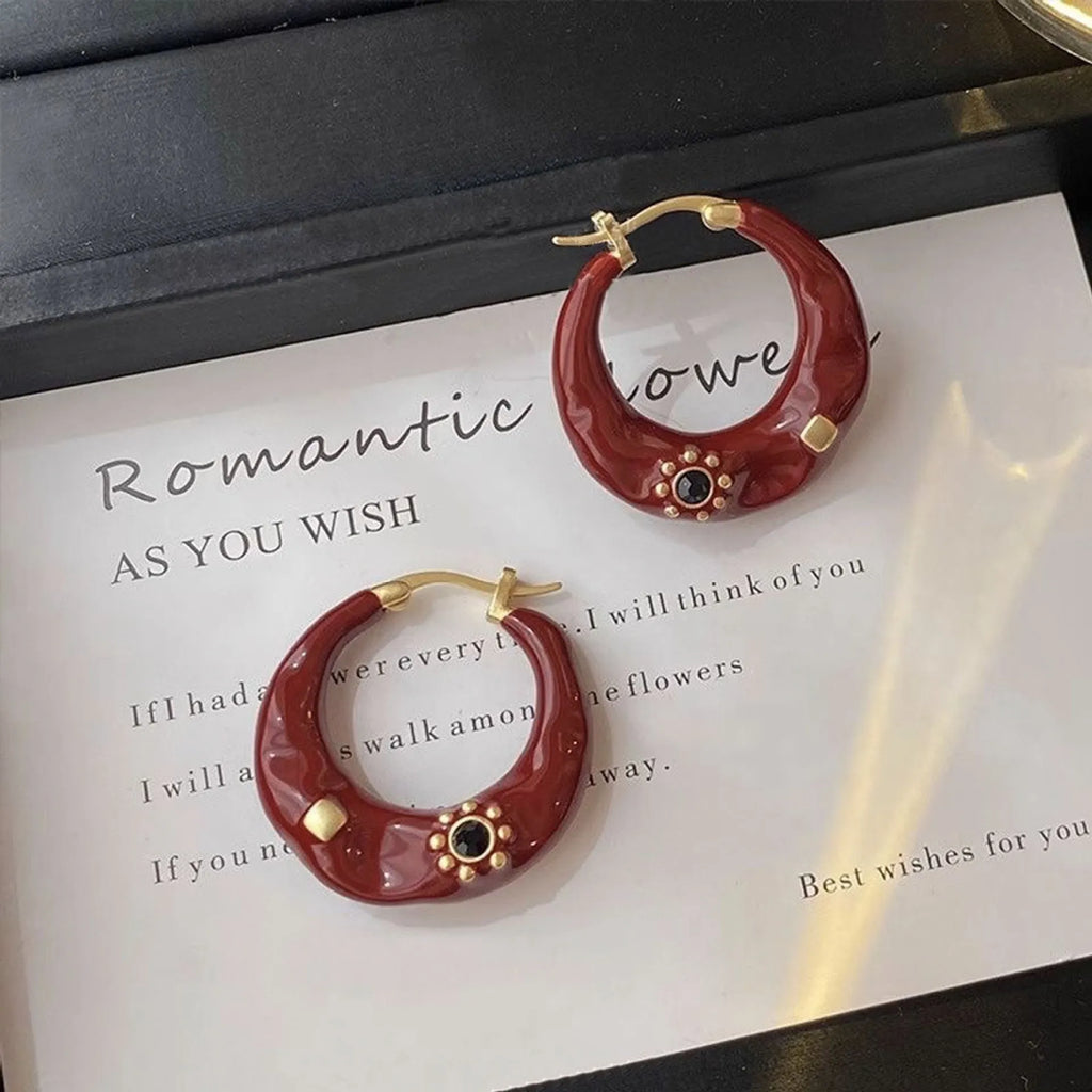 Hong Kong style retro alloy ear studs with dripping oil finish and rhinestone inlays in black and red