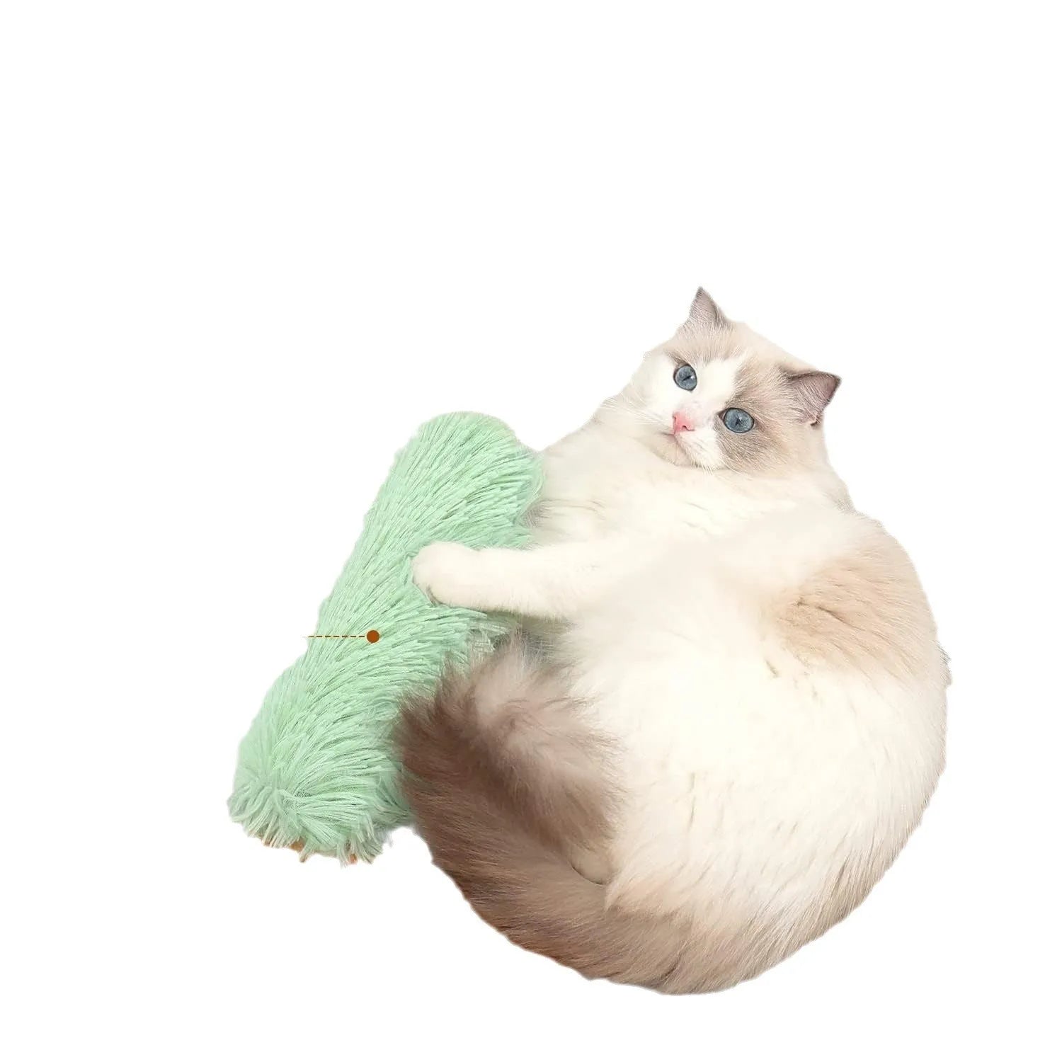 Colourful cat plush toy pillow in blue, green, pink, or white, showing soft texture and 27cm length.