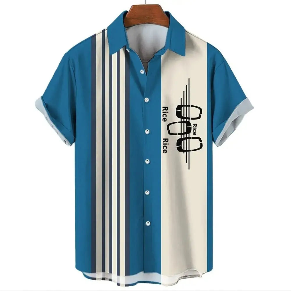A man's striped Hawaiian short-sleeve shirt in polyester, shown in one of the available colours.