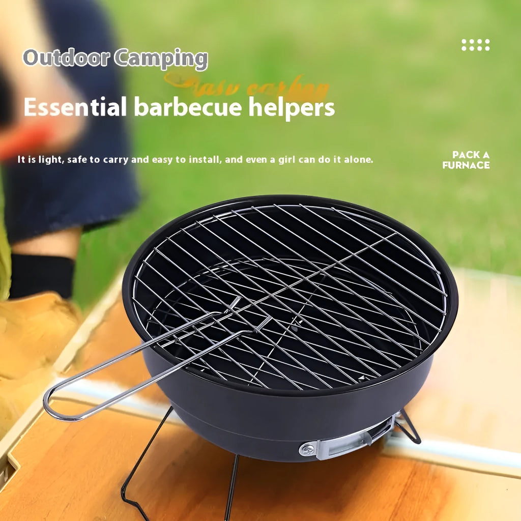 Small folding round ice stove with grill mesh and components for 1-2 person outdoor cooking