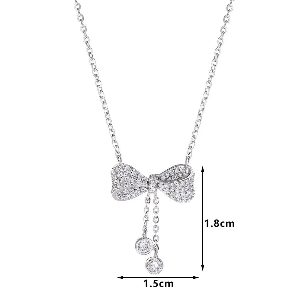 S925 sterling silver bow pendant necklace on woman with adjustable 40-45cm clavicle chain