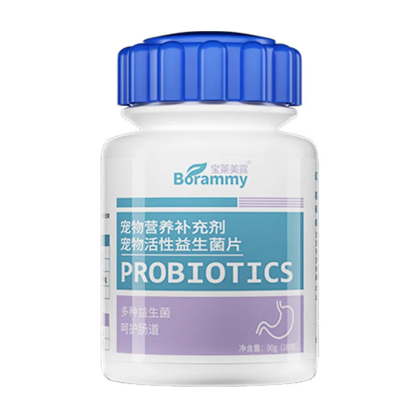 Bottle of 180 pet probiotic tablets for cat and dog digestive health supplement