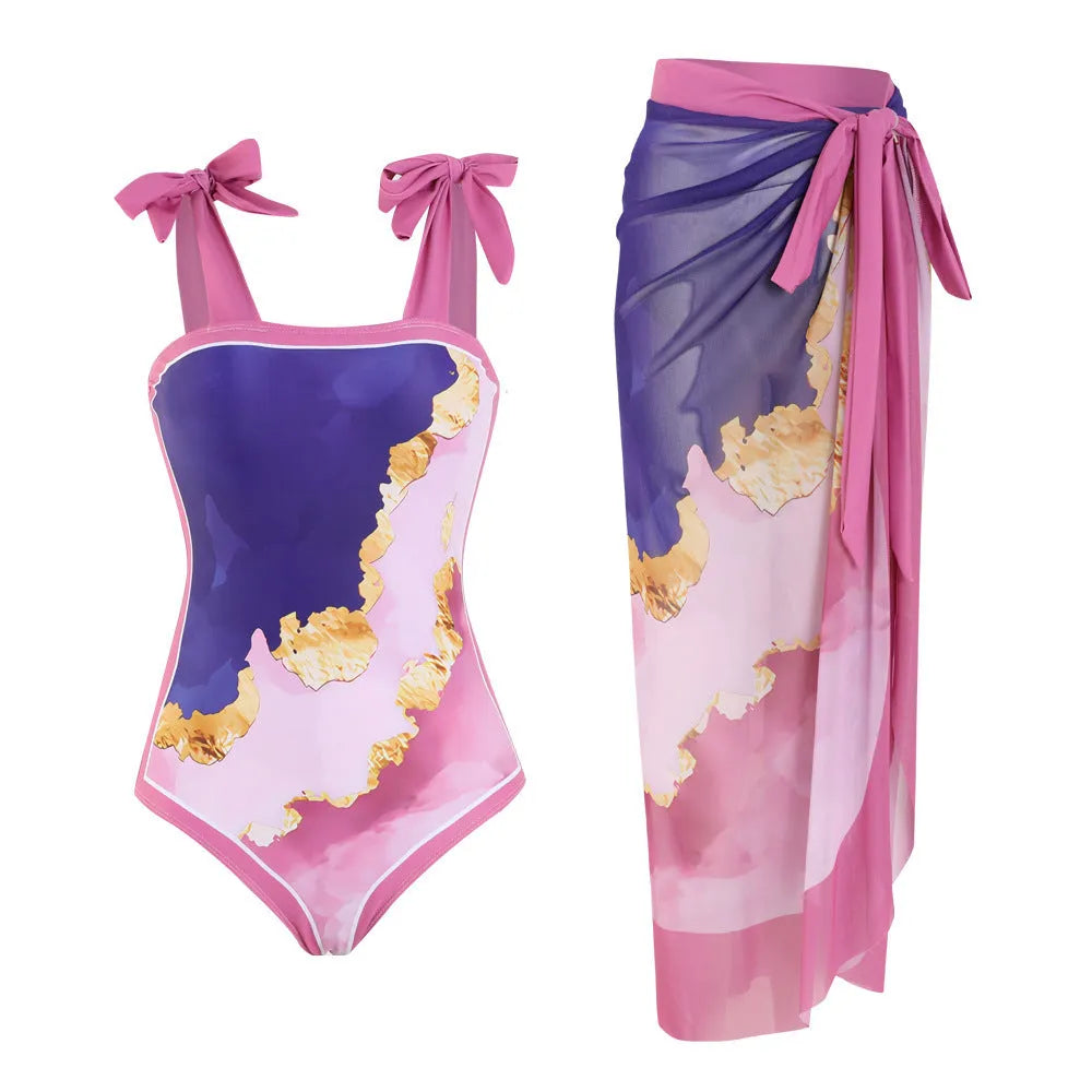 Floral print mesh tube top one-piece swimsuit with matching detachable skirt in brown, pink or black printing