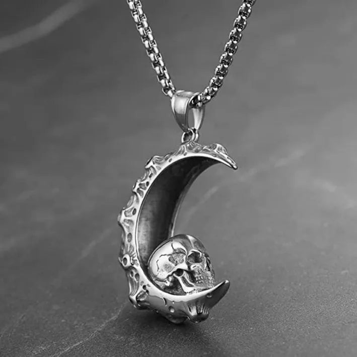 Men's silver skull pendant necklace with stainless steel chain in six sports style designs