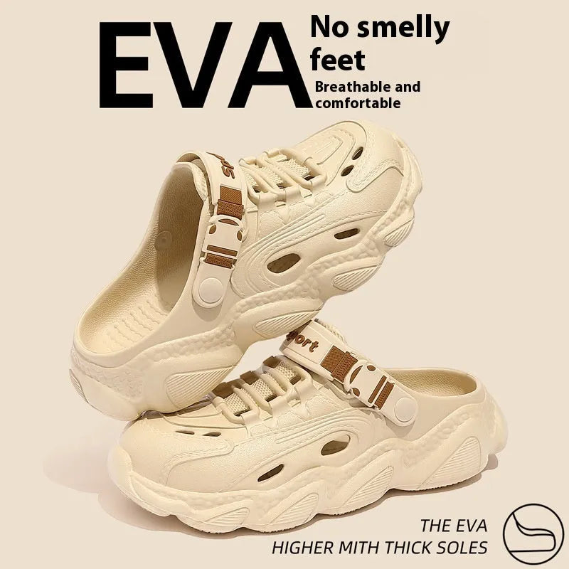 Men's khaki outdoor summer slippers with hollow-out design and lightweight EVA sole.