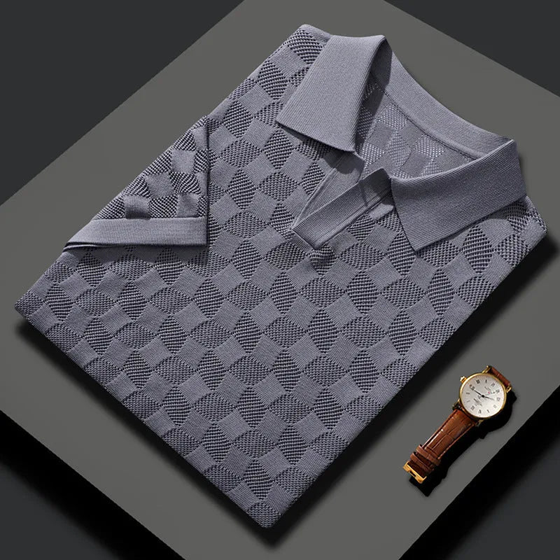 Men's short sleeve business casual lapel sweater in mulberry silk, available in black, white, gray and camel colours