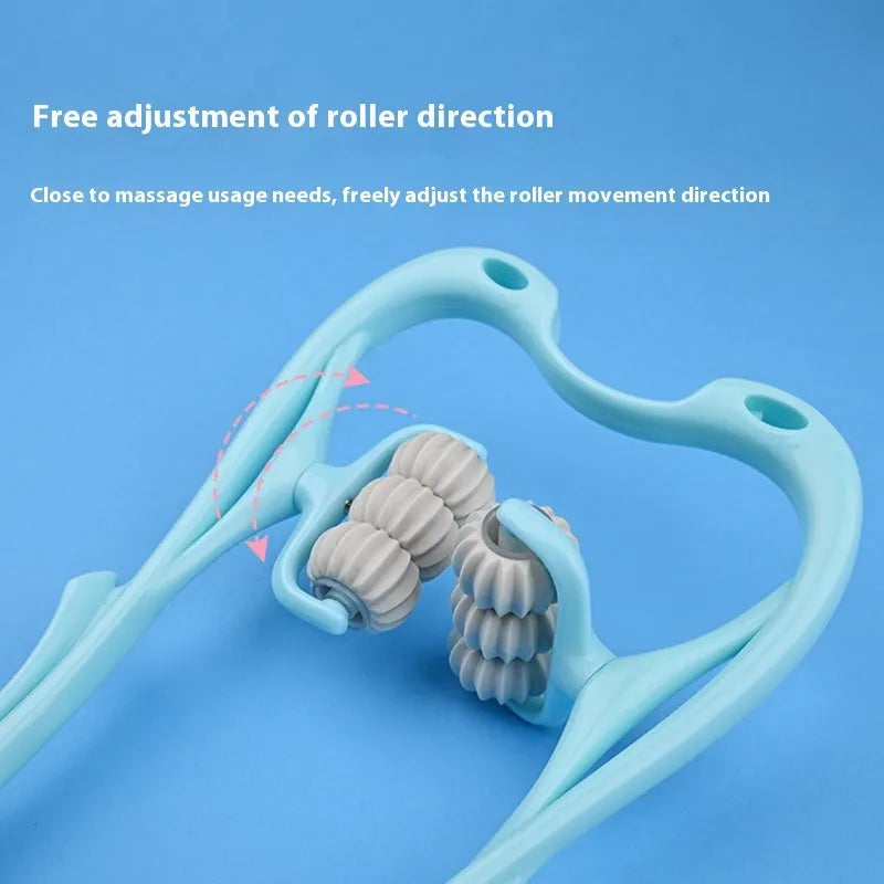 Blue plastic six-wheel neck and shoulder massager with adjustable rollers
