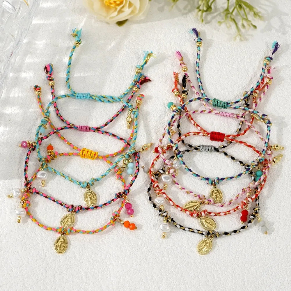 Colourful hand-woven braided rope bracelet in ethnic style for women with multiple colour options