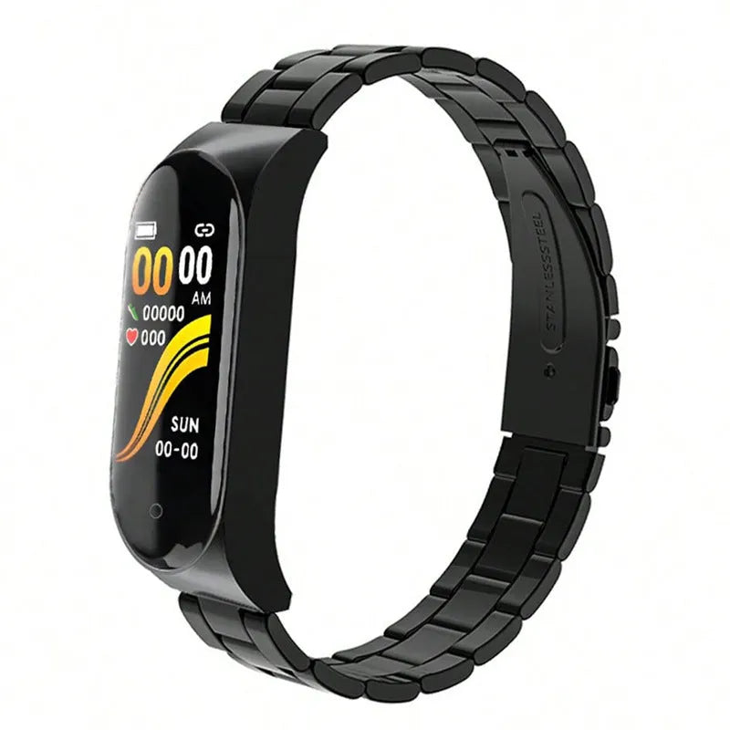 Smart bracelet with stainless steel wristband in black showing heart rate monitor display touch button interface