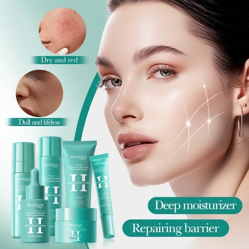 Hyaluronic acid moisturising repair firming facial care gift set with six products in gift box