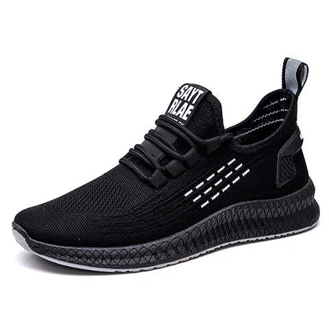 Men's black flying weave sports shoes with cross strap design and round toe