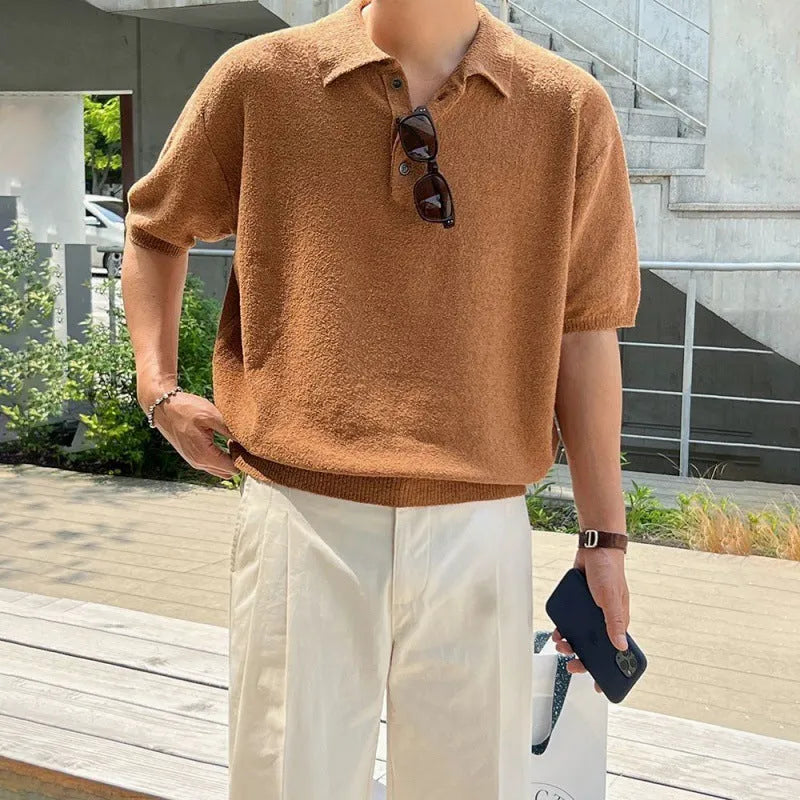Men's caramel coloured knitted polo shirt with short sleeves and asymmetric design