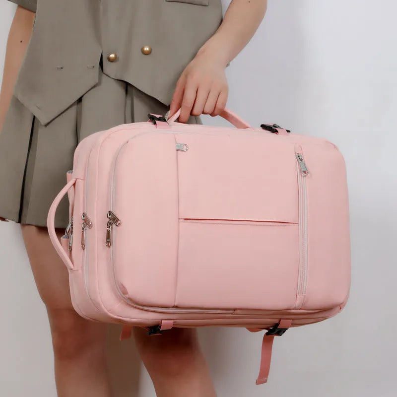 Large waterproof oxford cloth backpack with multiple pockets open to show 15.6-inch laptop compartment