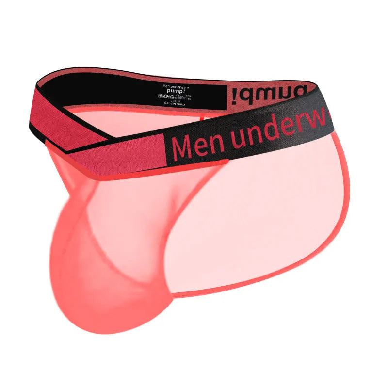 Men's transparent ice silk underwear with large V gradient front in red, black and white colours