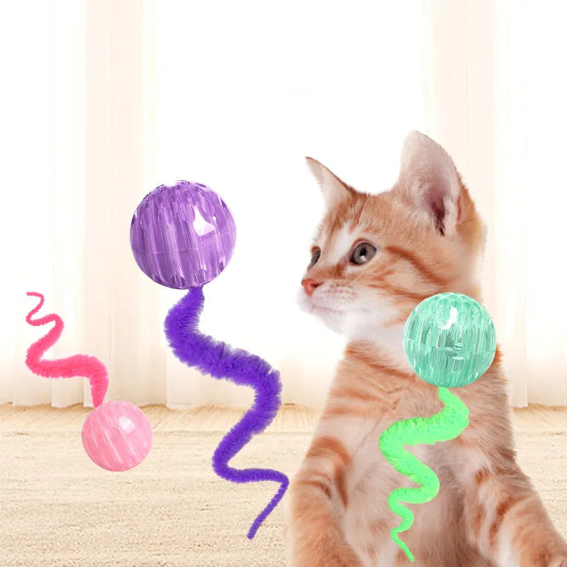 Interactive bouncing cat toy with plush worm tail in green, pink, or purple colour options