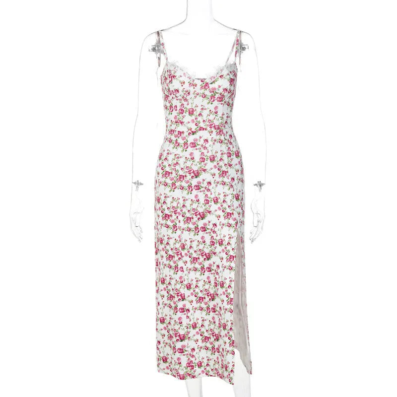 Women's long blue dress with lace flowers print, side slit, and thin spaghetti straps