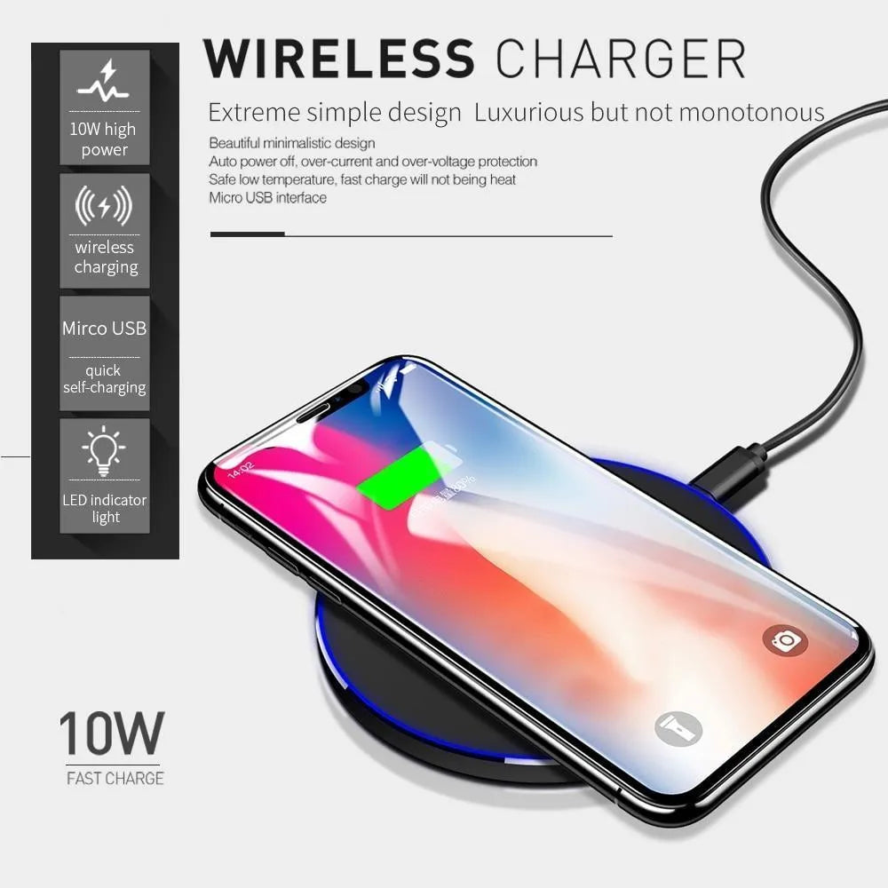 Black square ultra-thin wireless charging pad for smartphones with fast 9V Qi charging.