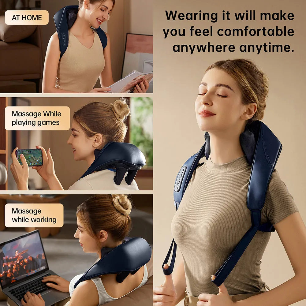 Kneading shoulder massager with heat therapy and 2 speed modes in blue colour