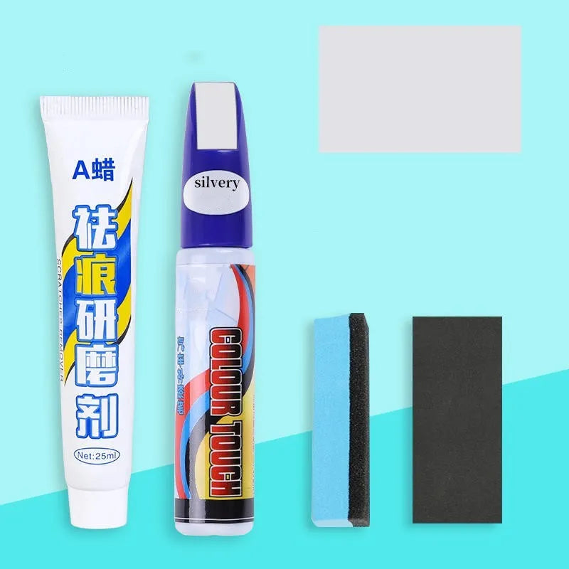 Automotive paint repair pen kit with touch-up fluid, scratch wax, sponge, and sandpaper.